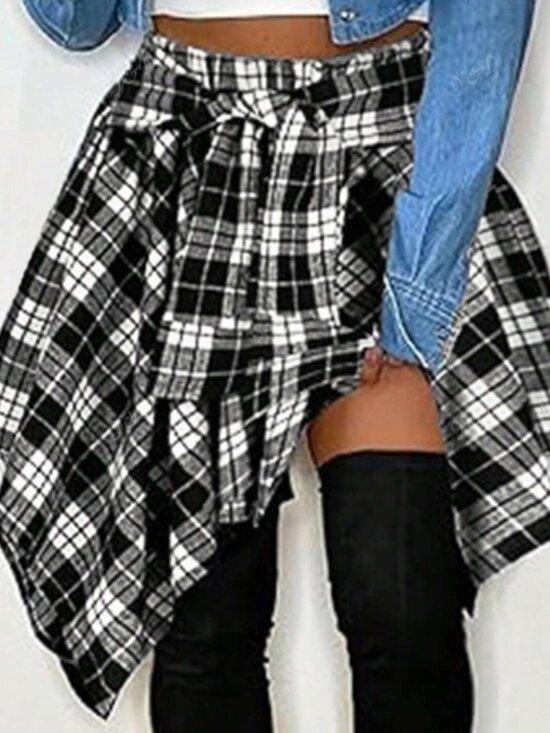 Dresses & Skirts - Plaid Print Stretchy Waist Asymmetrical Hem Mini Skirt